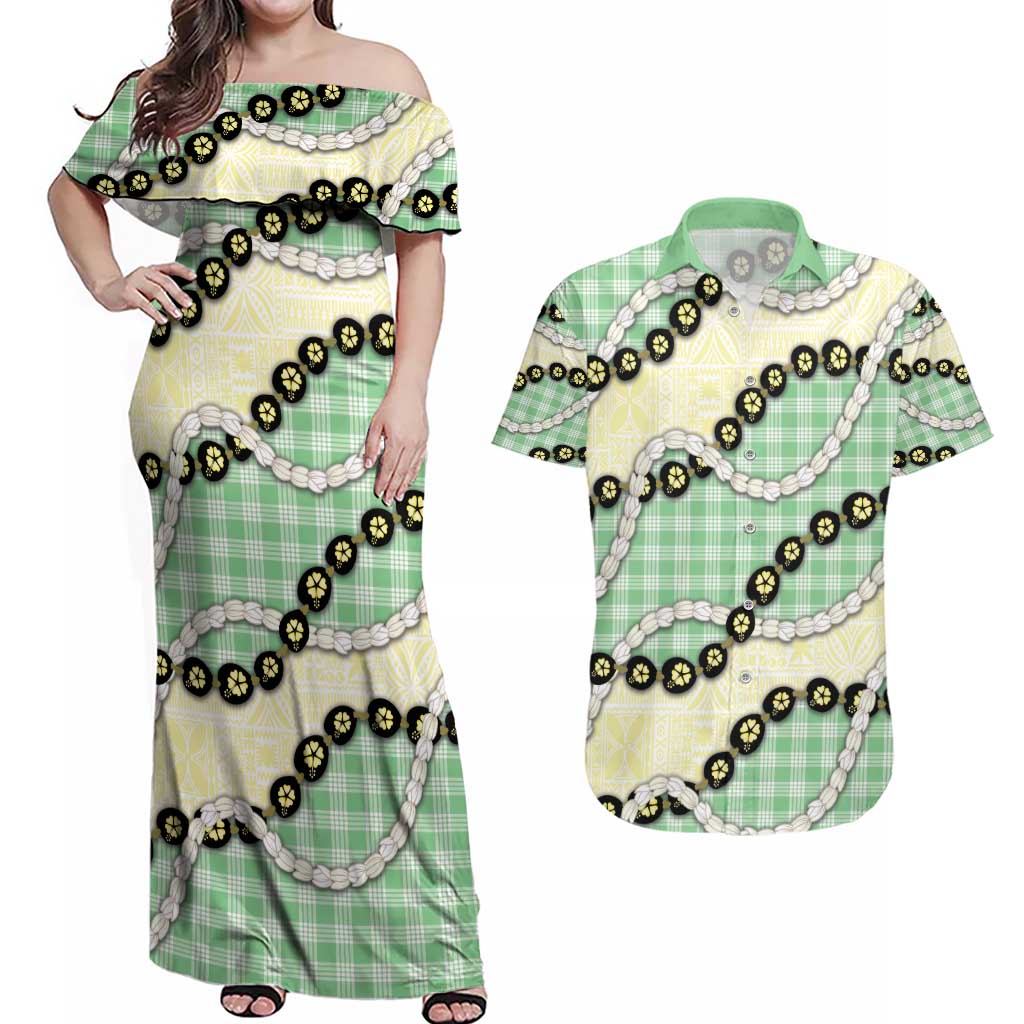 Green Palaka Hawaii Couples Matching Off Shoulder Maxi Dress and Hawaiian Shirt Kukui Nut Pikake Lei Hawaiian Tapa Pattern - Polynesian Pride