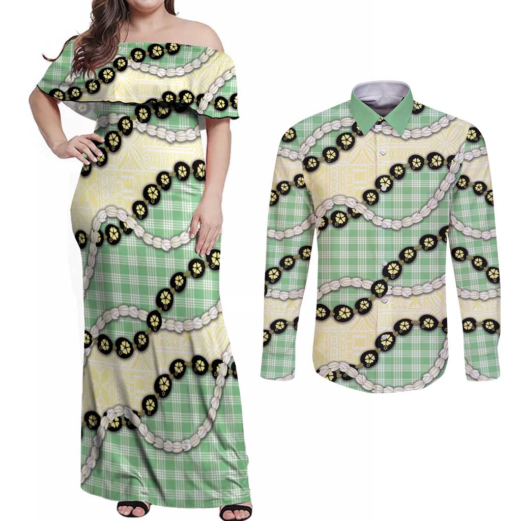 Green Palaka Hawaii Couples Matching Off Shoulder Maxi Dress and Long Sleeve Button Shirt Kukui Nut Pikake Lei Hawaiian Tapa Pattern - Polynesian Pride