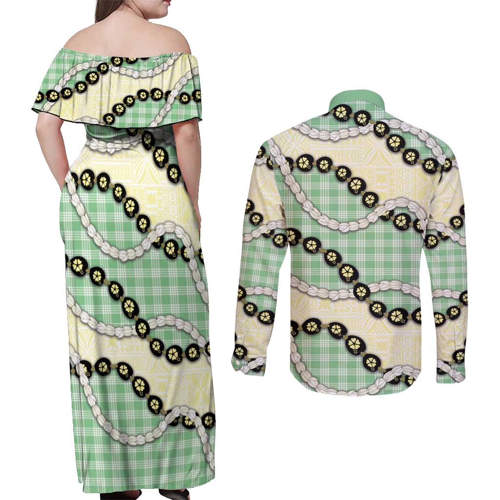 Green Palaka Hawaii Couples Matching Off Shoulder Maxi Dress and Long Sleeve Button Shirt Kukui Nut Pikake Lei Hawaiian Tapa Pattern - Polynesian Pride