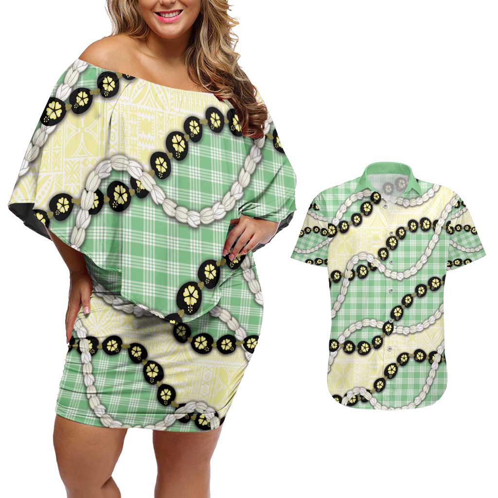 Green Palaka Hawaii Couples Matching Off Shoulder Short Dress and Hawaiian Shirt Kukui Nut Pikake Lei Hawaiian Tapa Pattern - Polynesian Pride