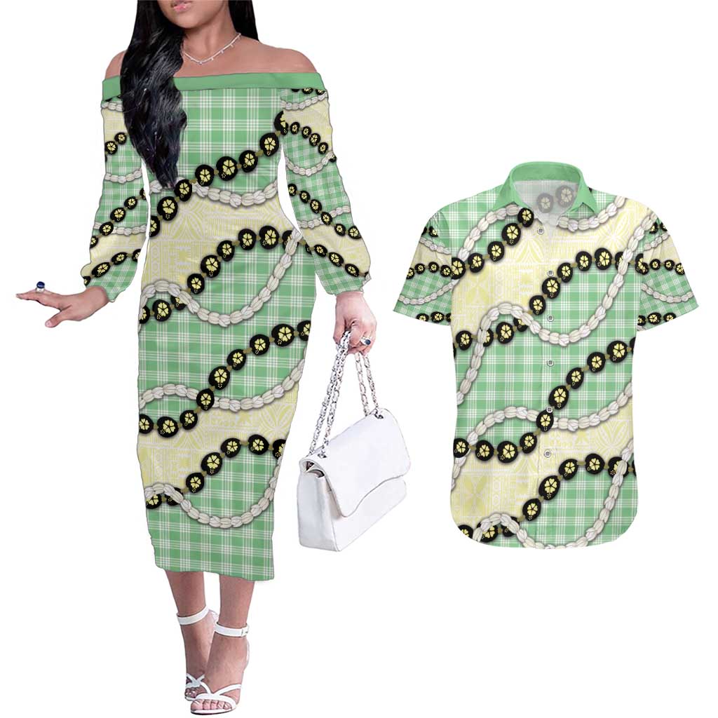 Green Palaka Hawaii Couples Matching Off The Shoulder Long Sleeve Dress and Hawaiian Shirt Kukui Nut Pikake Lei Hawaiian Tapa Pattern - Polynesian Pride