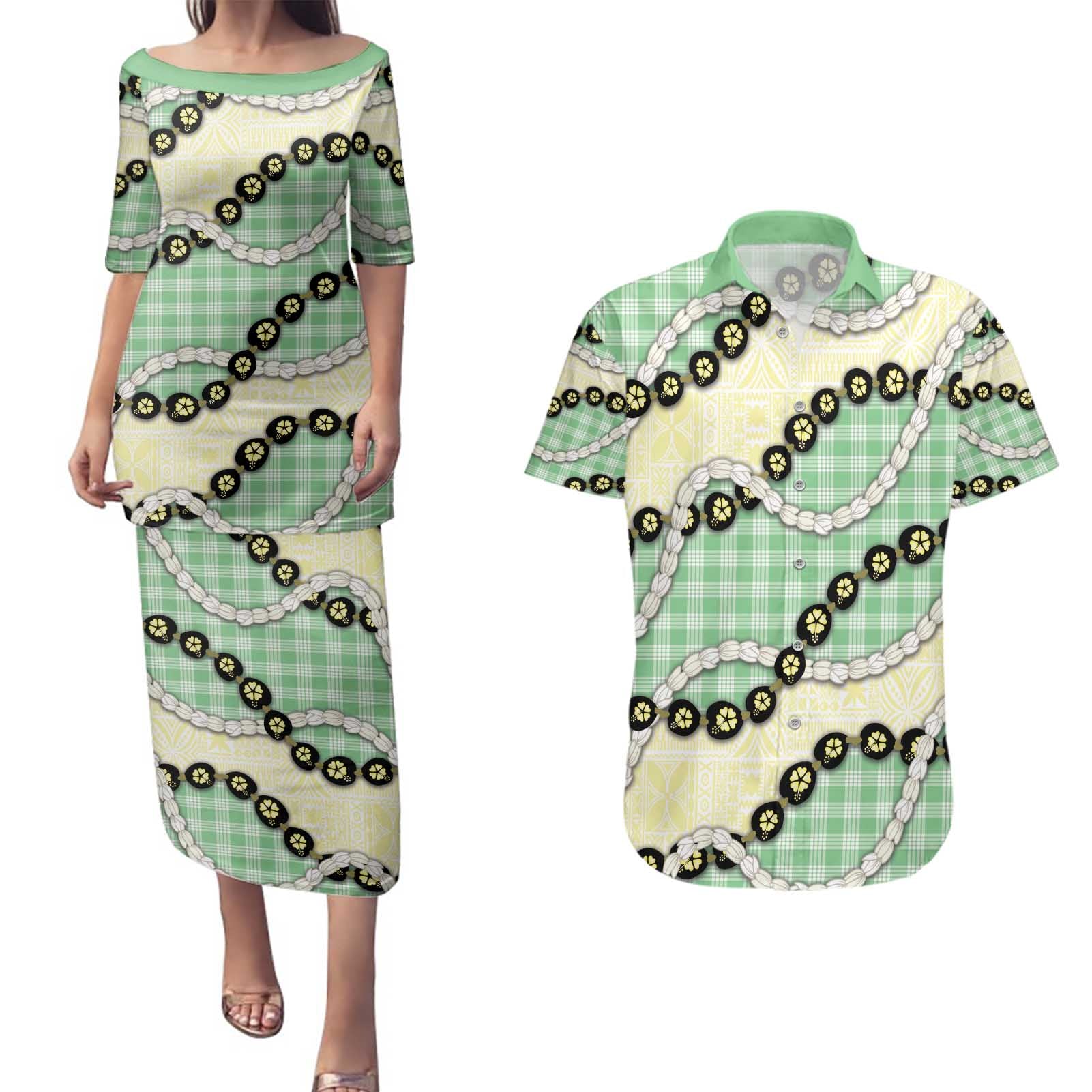 Green Palaka Hawaii Couples Matching Puletasi and Hawaiian Shirt Kukui Nut Pikake Lei Hawaiian Tapa Pattern - Polynesian Pride