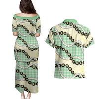 Green Palaka Hawaii Couples Matching Puletasi and Hawaiian Shirt Kukui Nut Pikake Lei Hawaiian Tapa Pattern - Polynesian Pride