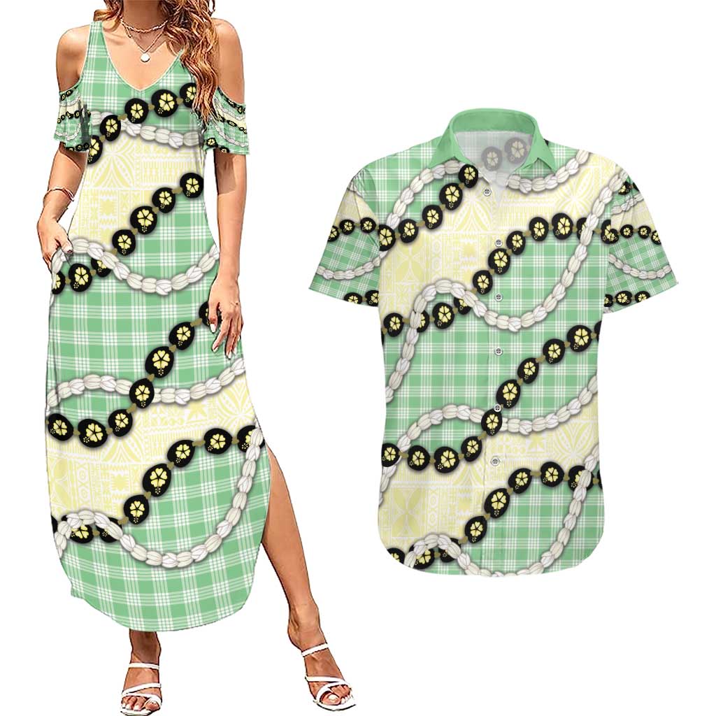 Green Palaka Hawaii Couples Matching Summer Maxi Dress and Hawaiian Shirt Kukui Nut Pikake Lei Hawaiian Tapa Pattern - Polynesian Pride