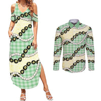 Green Palaka Hawaii Couples Matching Summer Maxi Dress and Long Sleeve Button Shirt Kukui Nut Pikake Lei Hawaiian Tapa Pattern - Polynesian Pride