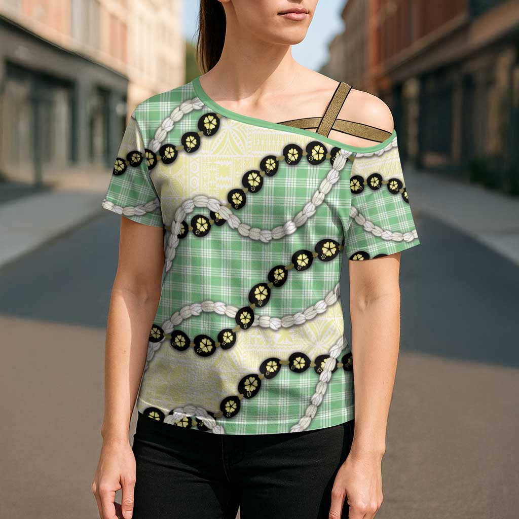 Green Palaka Hawaii Cross Shoulder Shirt Kukui Nut Pikake Lei Hawaiian Tapa Pattern - Polynesian Pride