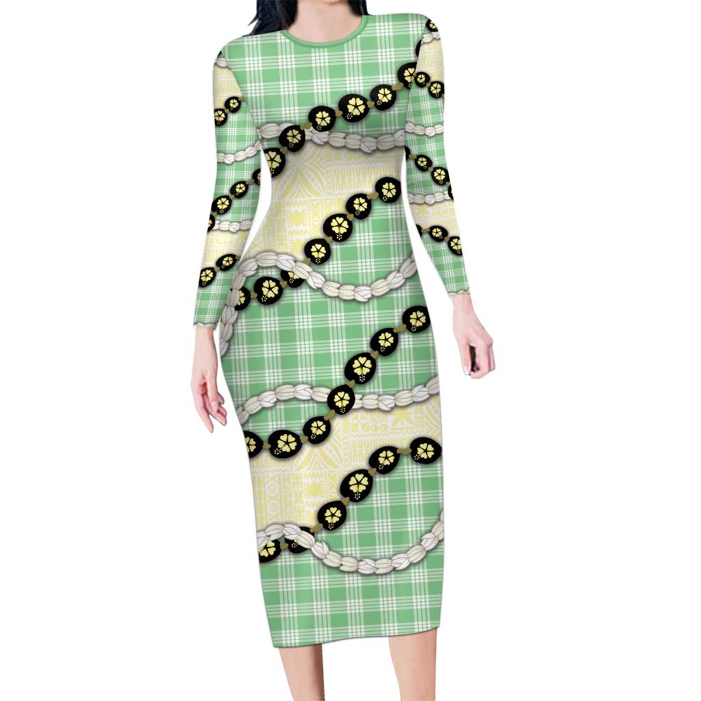 Green Palaka Hawaii Family Matching Long Sleeve Bodycon Dress and Hawaiian Shirt Kukui Nut Pikake Lei Hawaiian Tapa Pattern - Polynesian Pride