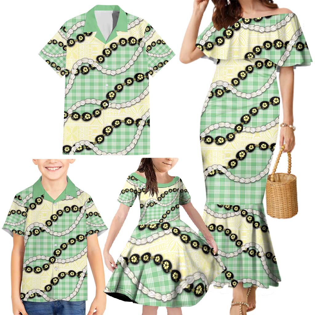 Green Palaka Hawaii Family Matching Mermaid Dress and Hawaiian Shirt Kukui Nut Pikake Lei Hawaiian Tapa Pattern - Polynesian Pride