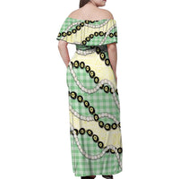 Green Palaka Hawaii Family Matching Off Shoulder Maxi Dress and Hawaiian Shirt Kukui Nut Pikake Lei Hawaiian Tapa Pattern - Polynesian Pride