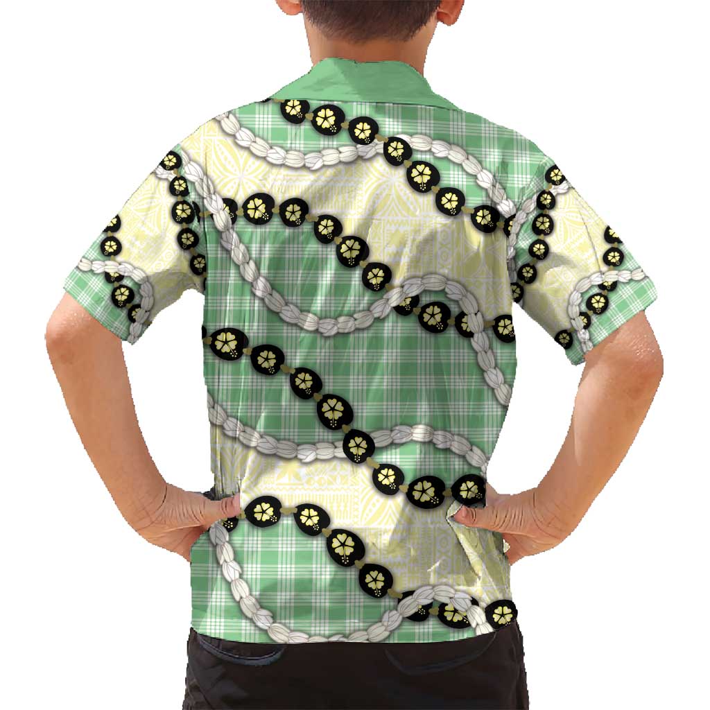 Green Palaka Hawaii Family Matching Off Shoulder Short Dress and Hawaiian Shirt Kukui Nut Pikake Lei Hawaiian Tapa Pattern - Polynesian Pride