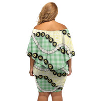 Green Palaka Hawaii Family Matching Off Shoulder Short Dress and Hawaiian Shirt Kukui Nut Pikake Lei Hawaiian Tapa Pattern - Polynesian Pride