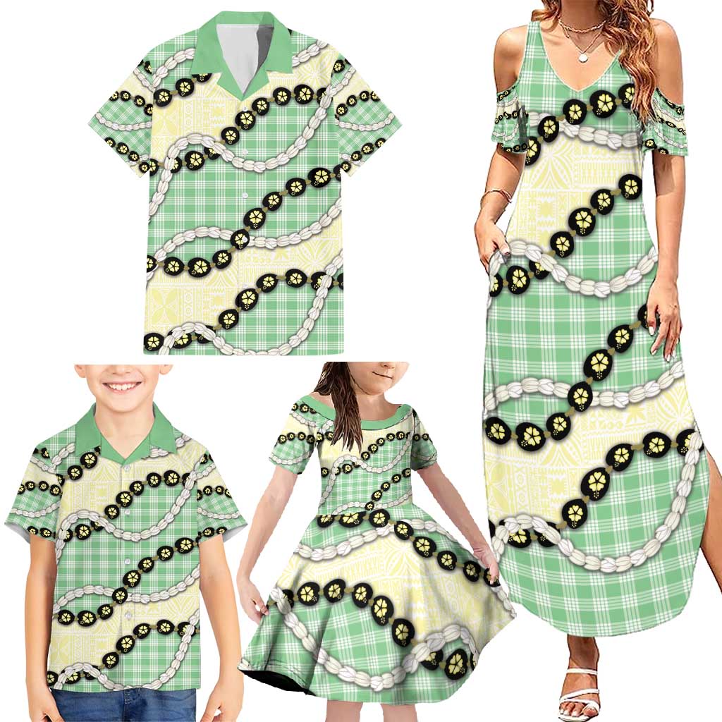 Green Palaka Hawaii Family Matching Summer Maxi Dress and Hawaiian Shirt Kukui Nut Pikake Lei Hawaiian Tapa Pattern - Polynesian Pride