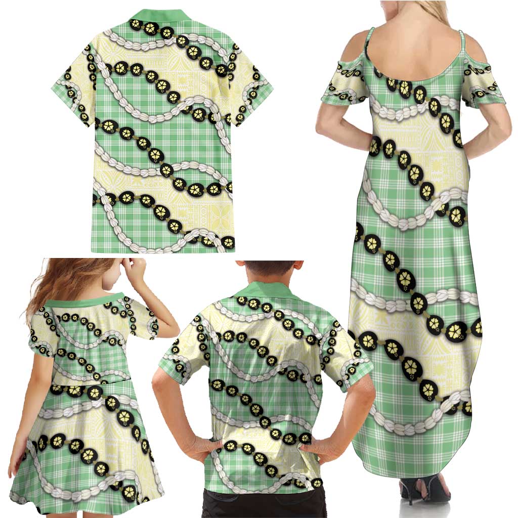 Green Palaka Hawaii Family Matching Summer Maxi Dress and Hawaiian Shirt Kukui Nut Pikake Lei Hawaiian Tapa Pattern - Polynesian Pride