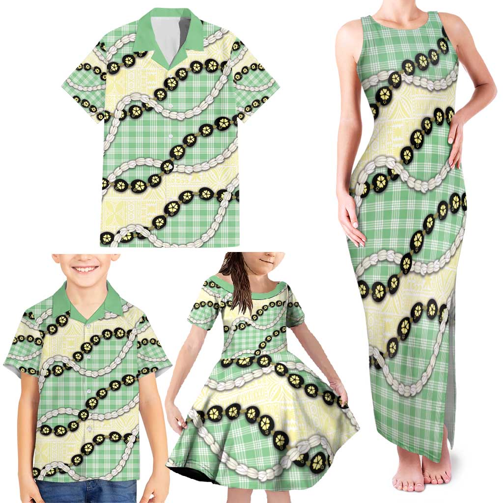 Green Palaka Hawaii Family Matching Tank Maxi Dress and Hawaiian Shirt Kukui Nut Pikake Lei Hawaiian Tapa Pattern - Polynesian Pride