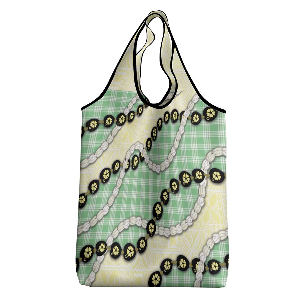 Green Palaka Hawaii Grocery Bag Kukui Nut Pikake Lei Hawaiian Tapa Pattern - Polynesian Pride