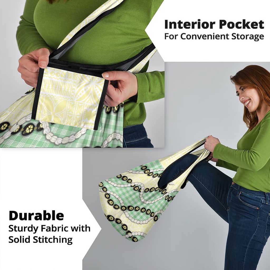 Green Palaka Hawaii Grocery Bag Kukui Nut Pikake Lei Hawaiian Tapa Pattern - Polynesian Pride