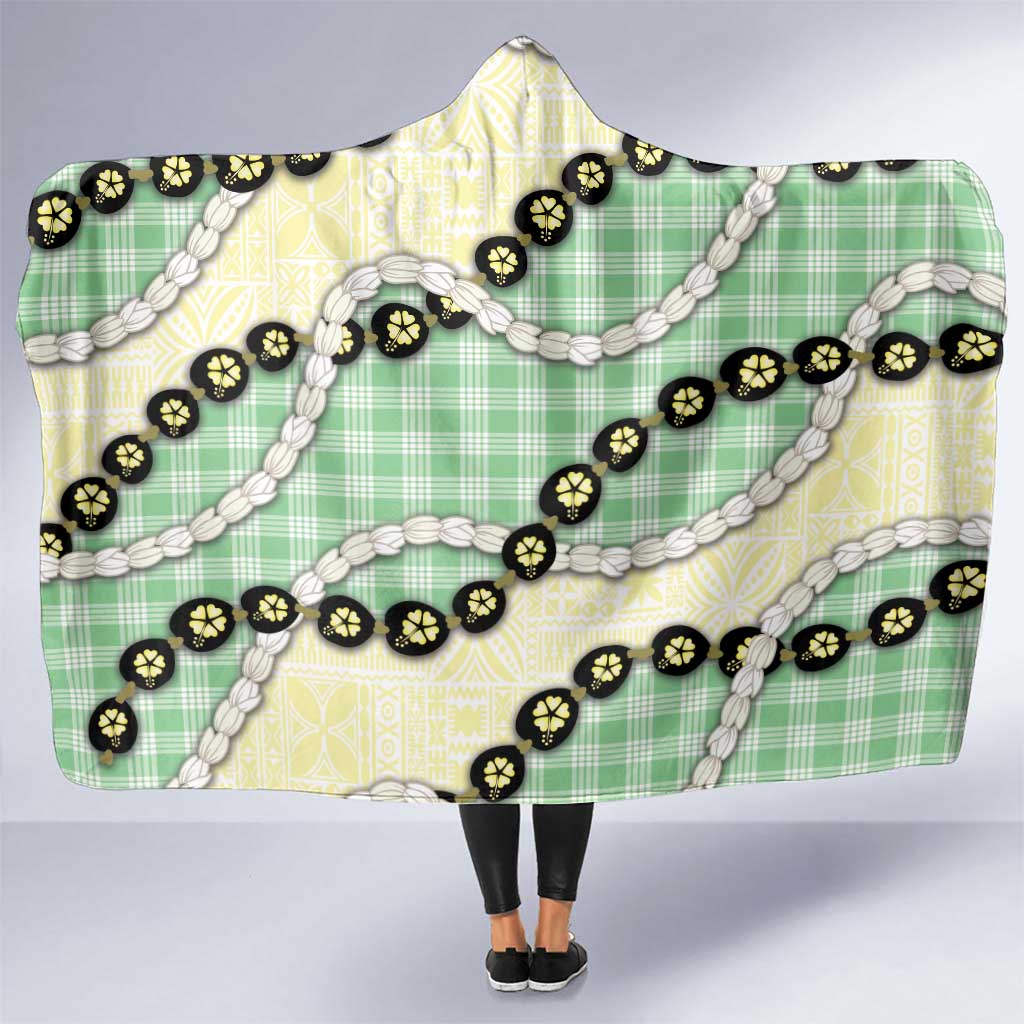 Green Palaka Hawaii Hooded Blanket Kukui Nut Pikake Lei Hawaiian Tapa Pattern - Polynesian Pride