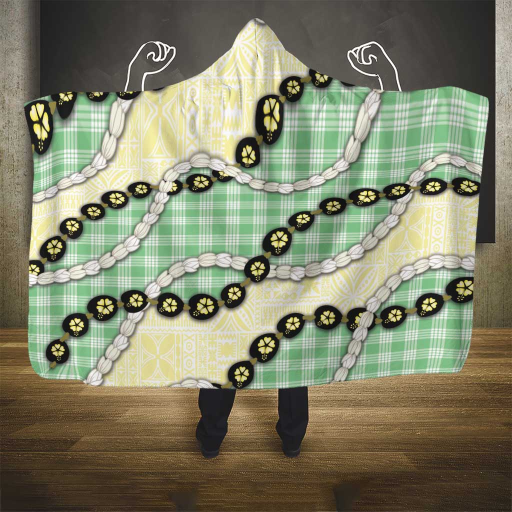 Green Palaka Hawaii Hooded Blanket Kukui Nut Pikake Lei Hawaiian Tapa Pattern - Polynesian Pride