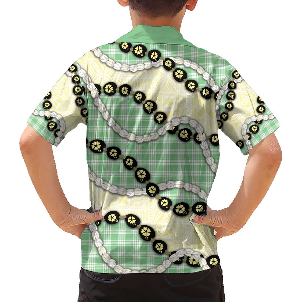 Green Palaka Hawaii Kid Hawaiian Shirt Kukui Nut Pikake Lei Hawaiian Tapa Pattern - Polynesian Pride
