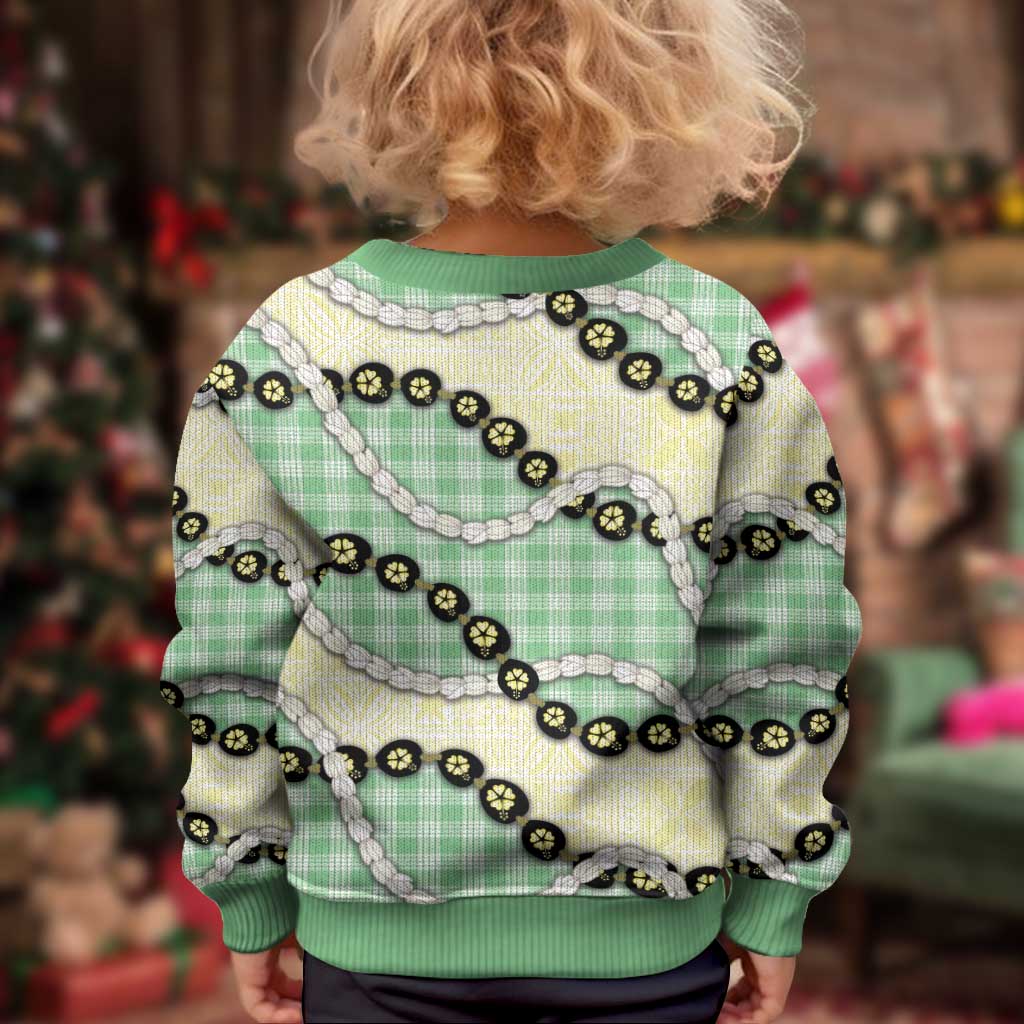 Green Palaka Hawaii Kid Ugly Christmas Sweater Kukui Nut Pikake Lei Hawaiian Tapa Pattern - Polynesian Pride