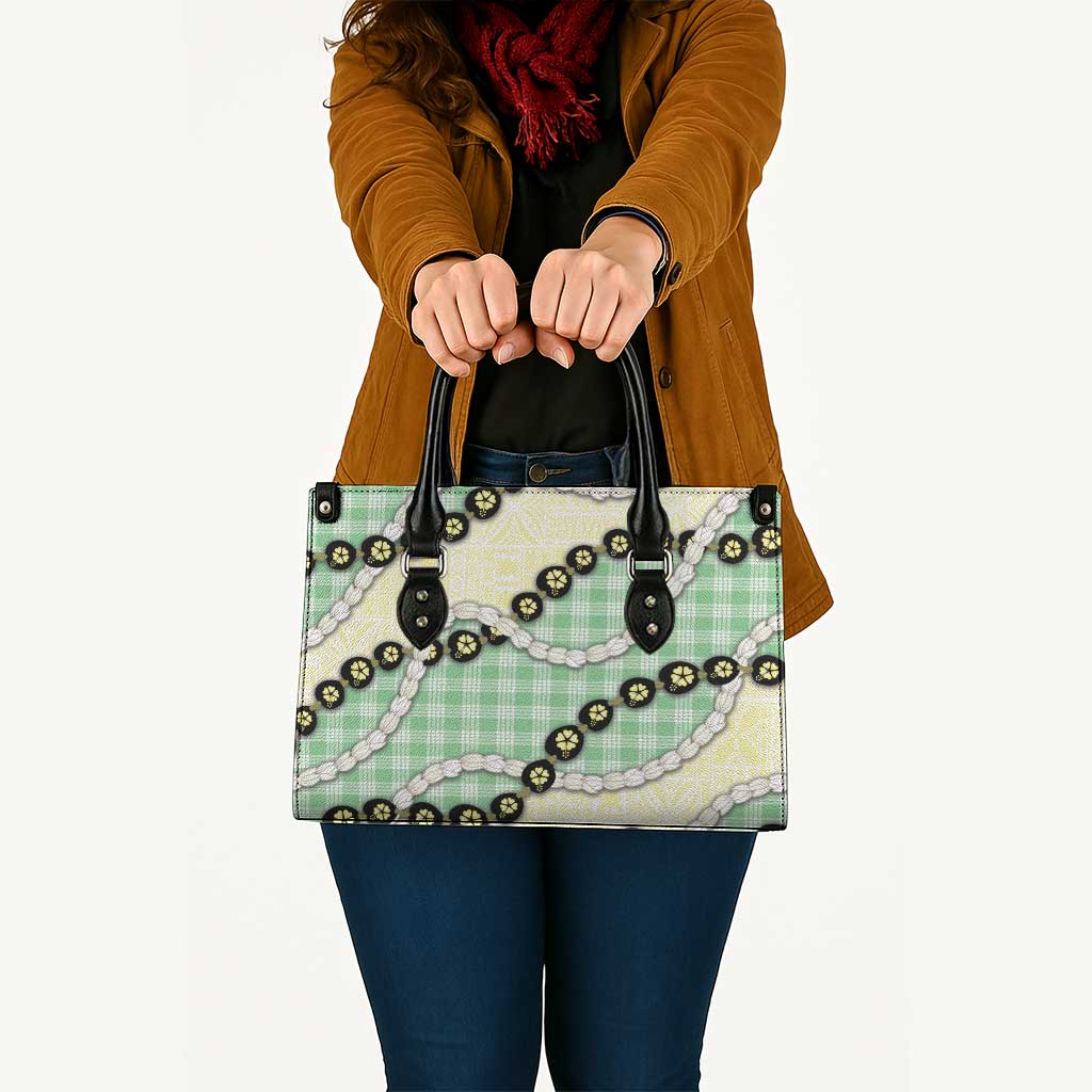 Green Palaka Hawaii Leather Bag Kukui Nut Pikake Lei Hawaiian Tapa Pattern - Polynesian Pride