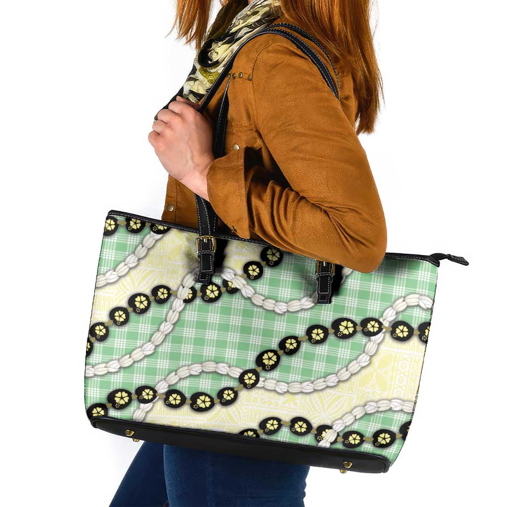 Green Palaka Hawaii Leather Tote Bag Kukui Nut Pikake Lei Hawaiian Tapa Pattern - Polynesian Pride