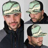 Green Palaka Hawaii Mesh Trucker Cap Kukui Nut Pikake Lei Hawaiian Tapa Pattern - Polynesian Pride