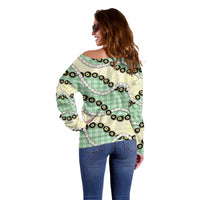 Green Palaka Hawaii Off Shoulder Sweater Kukui Nut Pikake Lei Hawaiian Tapa Pattern - Polynesian Pride