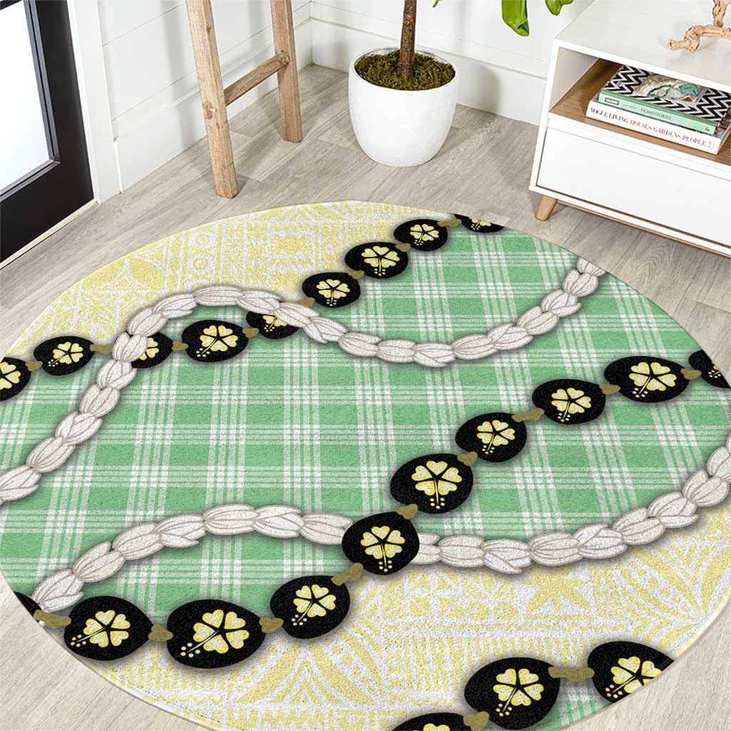 Green Palaka Hawaii Round Carpet Kukui Nut Pikake Lei Hawaiian Tapa Pattern - Polynesian Pride