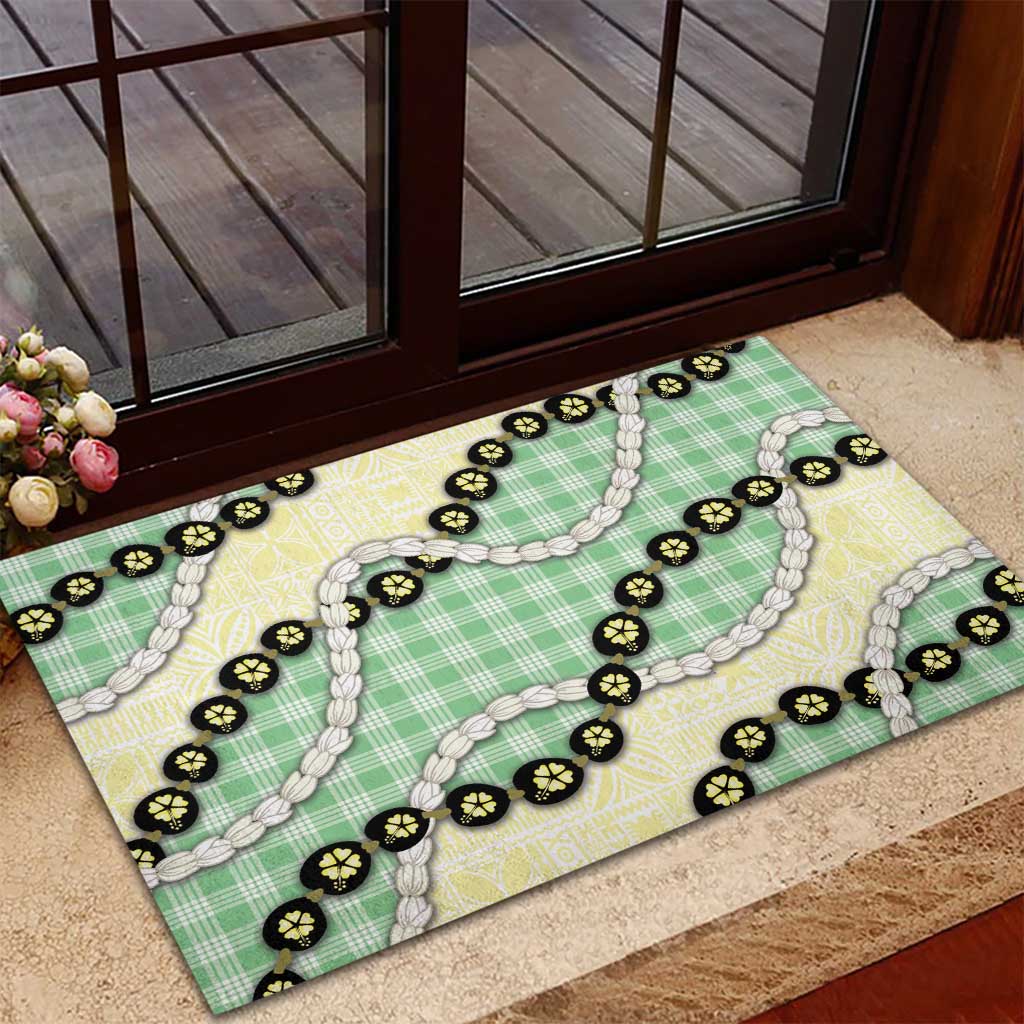 Green Palaka Hawaii Rubber Doormat Kukui Nut Pikake Lei Hawaiian Tapa Pattern - Polynesian Pride
