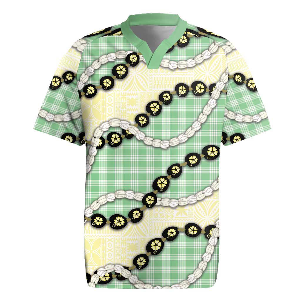 Green Palaka Hawaii Rugby Jersey Kukui Nut Pikake Lei Hawaiian Tapa Pattern - Polynesian Pride