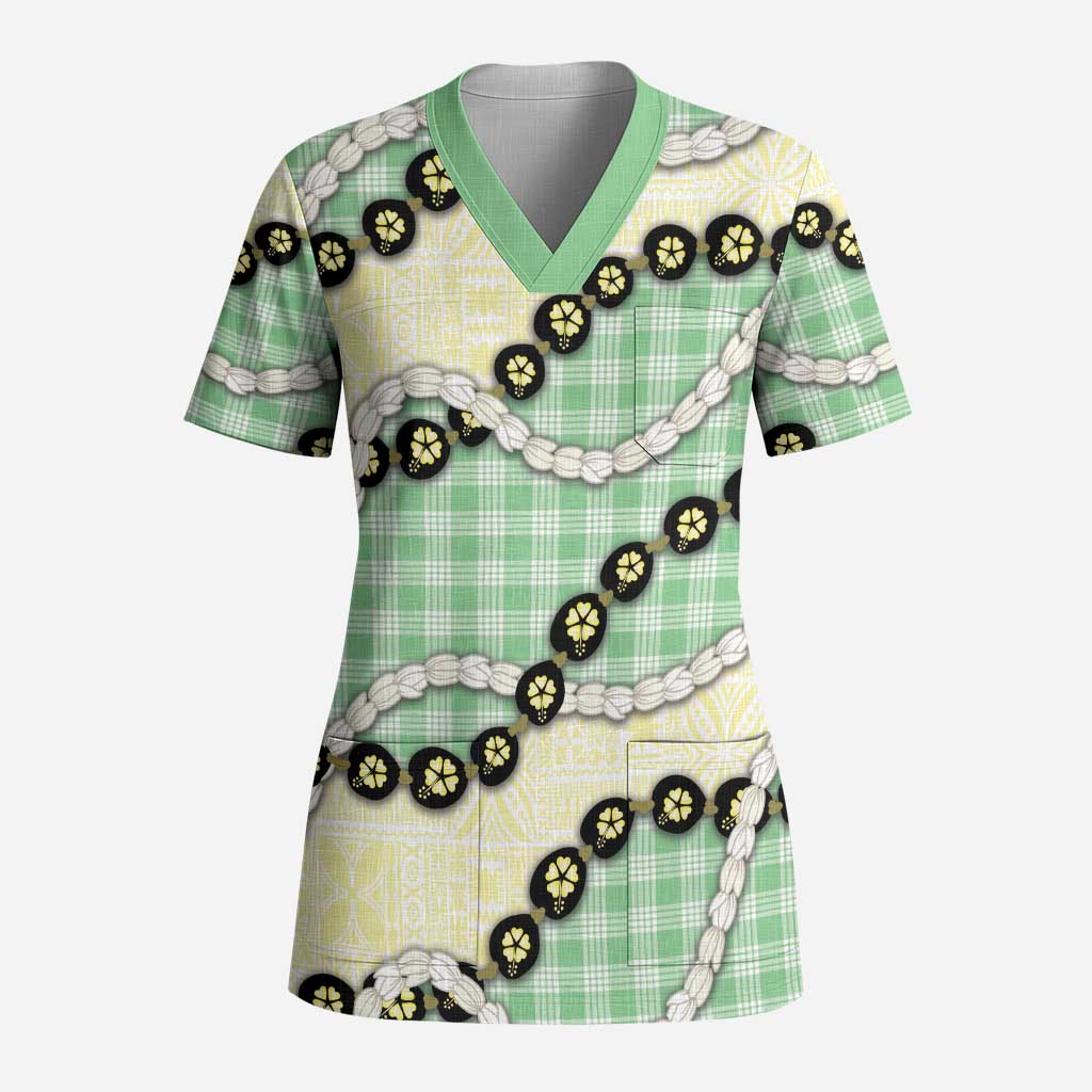 Green Palaka Hawaii Scrub Top Kukui Nut Pikake Lei Hawaiian Tapa Pattern LT14 Adult Green - Polynesian Pride