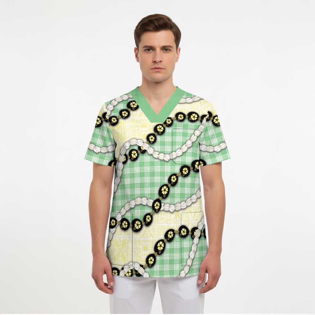 Green Palaka Hawaii Scrub Top Kukui Nut Pikake Lei Hawaiian Tapa Pattern - Polynesian Pride