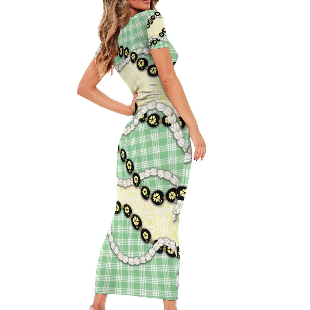 Green Palaka Hawaii Short Sleeve Bodycon Dress Kukui Nut Pikake Lei Hawaiian Tapa Pattern - Polynesian Pride
