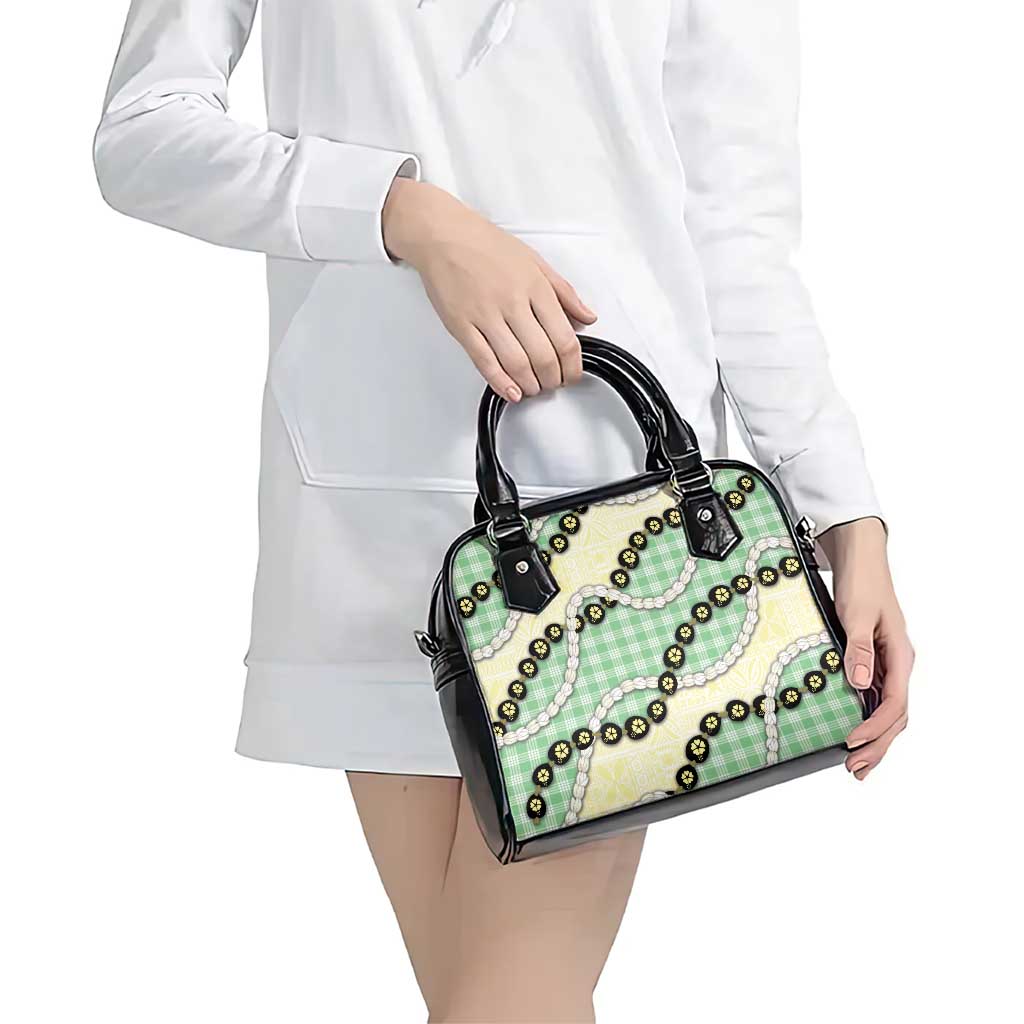 Green Palaka Hawaii Shoulder Handbag Kukui Nut Pikake Lei Hawaiian Tapa Pattern - Polynesian Pride