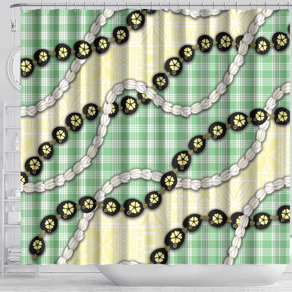 Green Palaka Hawaii Shower Curtain Kukui Nut Pikake Lei Hawaiian Tapa Pattern - Polynesian Pride