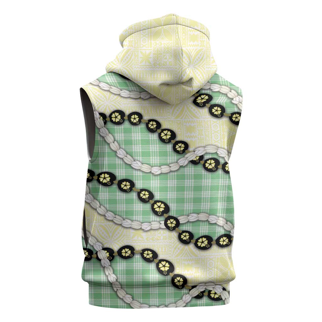 Green Palaka Hawaii Sleeveless Hoodie Kukui Nut Pikake Lei Hawaiian Tapa Pattern - Polynesian Pride