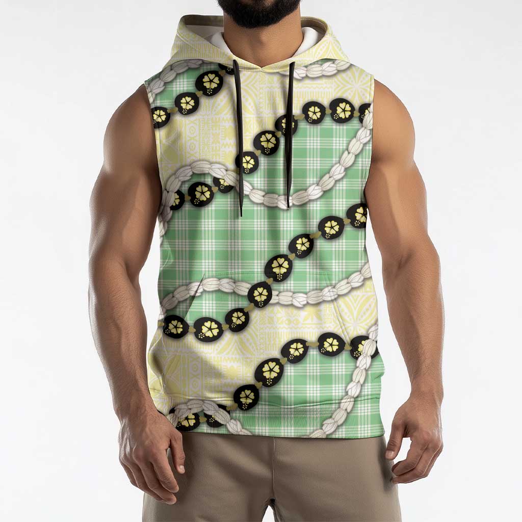 Green Palaka Hawaii Sleeveless Hoodie Kukui Nut Pikake Lei Hawaiian Tapa Pattern - Polynesian Pride