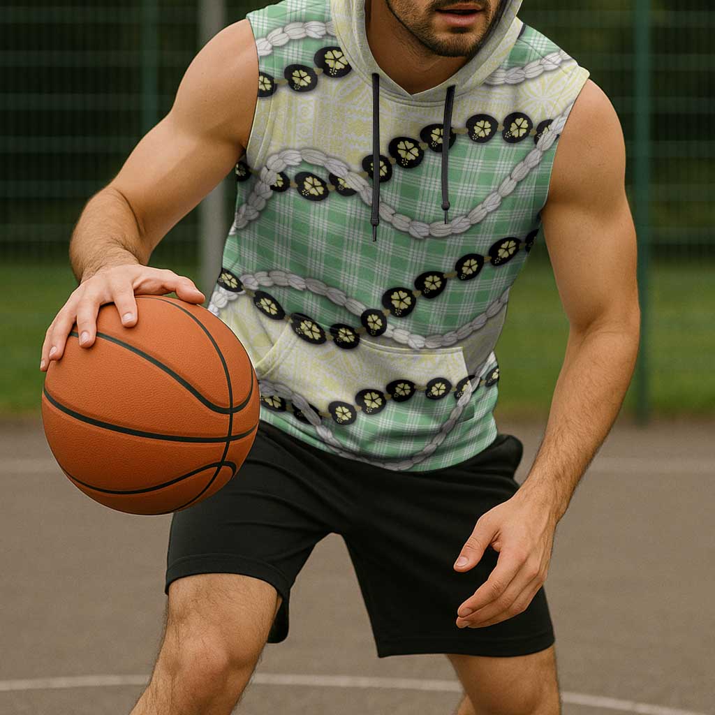 Green Palaka Hawaii Sleeveless Hoodie Kukui Nut Pikake Lei Hawaiian Tapa Pattern - Polynesian Pride