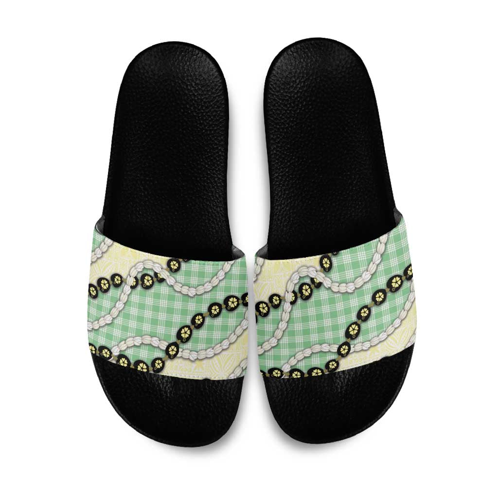 Green Palaka Hawaii Slide Sandals Kukui Nut Pikake Lei Hawaiian Tapa Pattern LT14 Green - Polynesian Pride