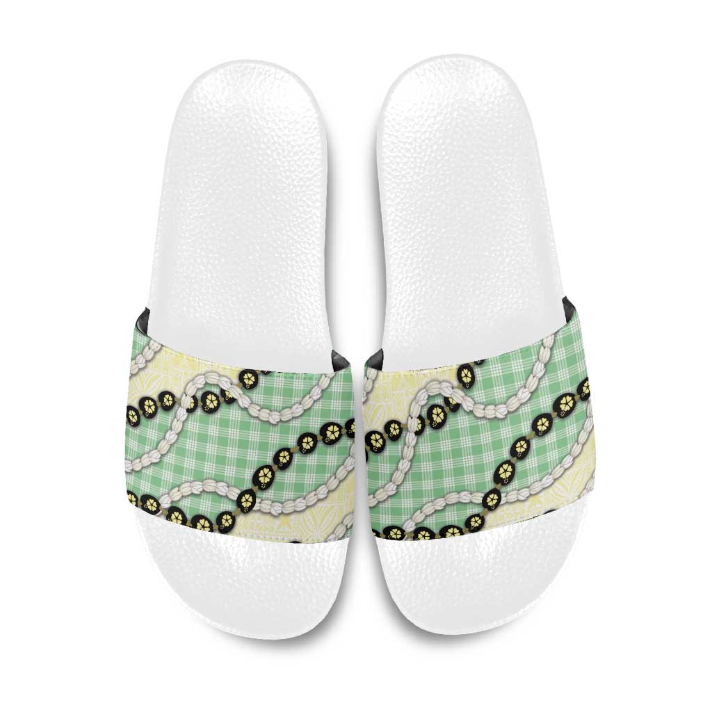 Green Palaka Hawaii Slide Sandals Kukui Nut Pikake Lei Hawaiian Tapa Pattern - Polynesian Pride