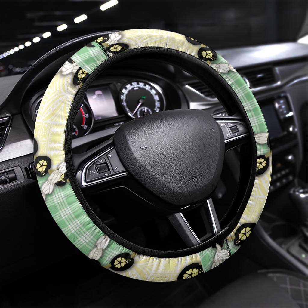Green Palaka Hawaii Steering Wheel Cover Kukui Nut Pikake Lei Hawaiian Tapa Pattern - Polynesian Pride