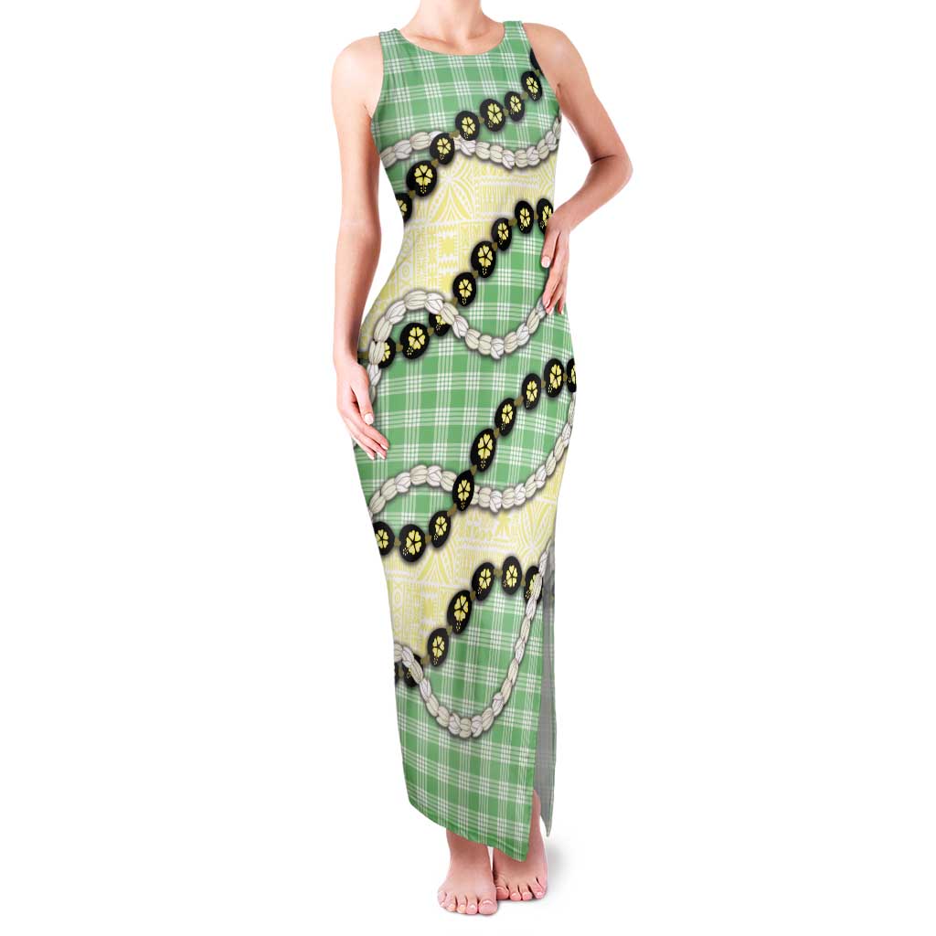 Green Palaka Hawaii Tank Maxi Dress Kukui Nut Pikake Lei Hawaiian Tapa Pattern - Polynesian Pride