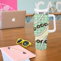 Green Palaka Hawaii Tumbler With Handle Kukui Nut Pikake Lei Hawaiian Tapa Pattern - Polynesian Pride