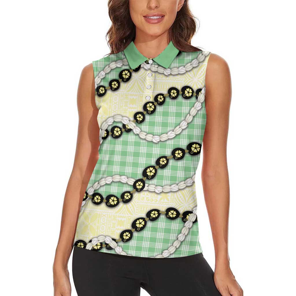Green Palaka Hawaii Women Sleeveless Polo Shirt Kukui Nut Pikake Lei Hawaiian Tapa Pattern - Polynesian Pride