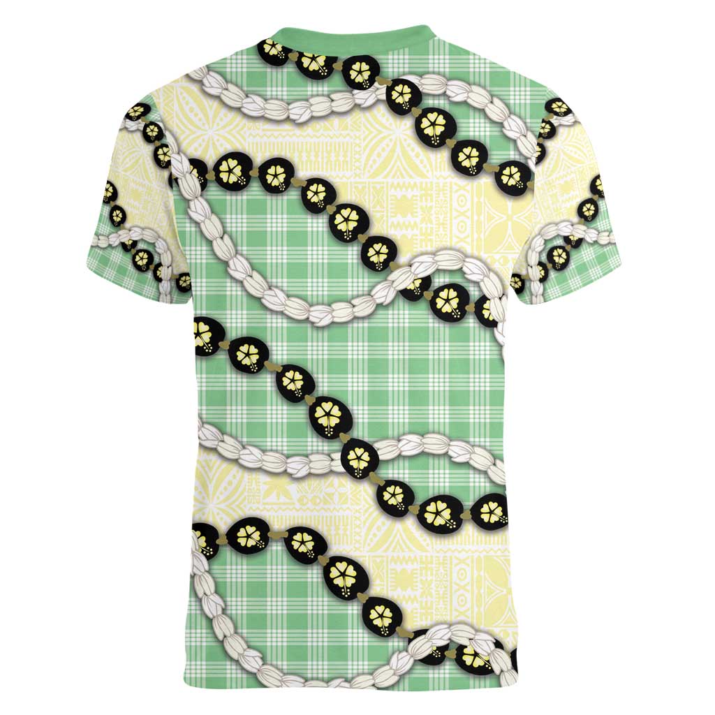 Green Palaka Hawaii Women V-Neck T-Shirt Kukui Nut Pikake Lei Hawaiian Tapa Pattern - Polynesian Pride