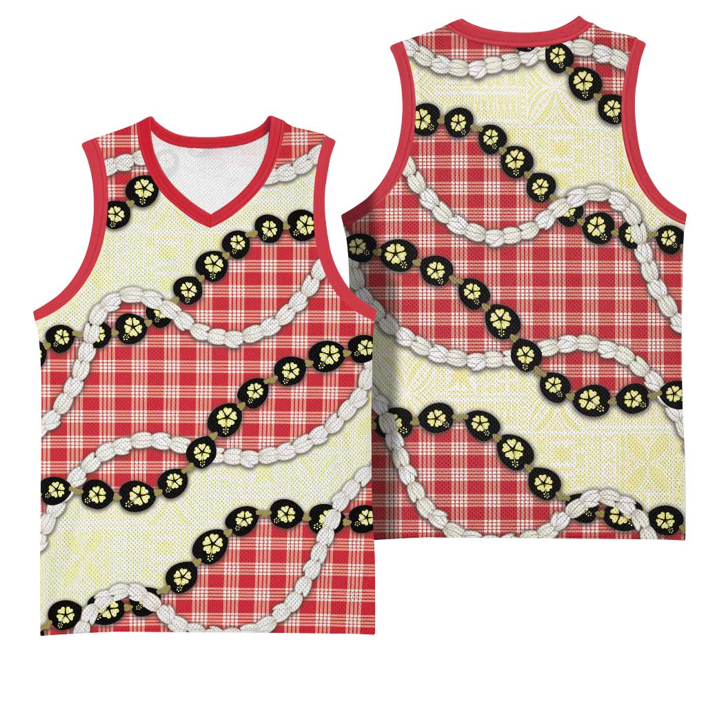 Red Palaka Hawaii Basketball Jersey Kukui Nut Pikake Lei Hawaiian Tapa Pattern - Polynesian Pride