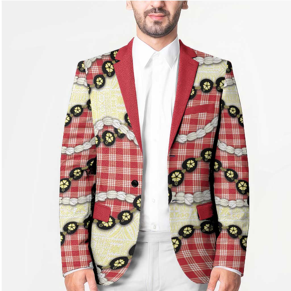 Red Palaka Hawaii Blazer Kukui Nut Pikake Lei Hawaiian Tapa Pattern - Polynesian Pride