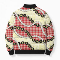 Red Palaka Hawaii Bomber Puffer Jacket Kukui Nut Pikake Lei Hawaiian Tapa Pattern - Polynesian Pride
