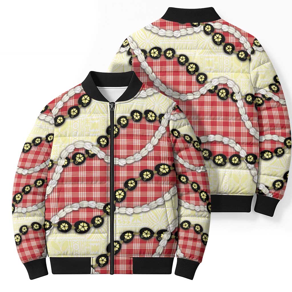 Red Palaka Hawaii Bomber Puffer Jacket Kukui Nut Pikake Lei Hawaiian Tapa Pattern - Polynesian Pride
